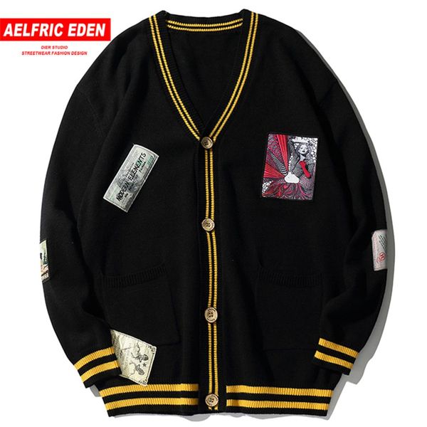 

aelfric eden fashion knitwear mens sweatercoats 2019 harajuku hip hop spliced oversized casual streetwear cardigan sweater, White;black