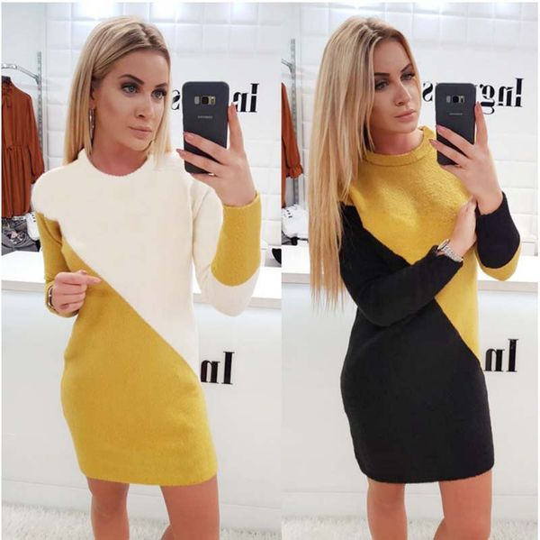 

2019 зима европейская и американская мода цвет соответствия двухцветный супер мягкий мех кролика вязаный свитер платье женщины, Black;gray