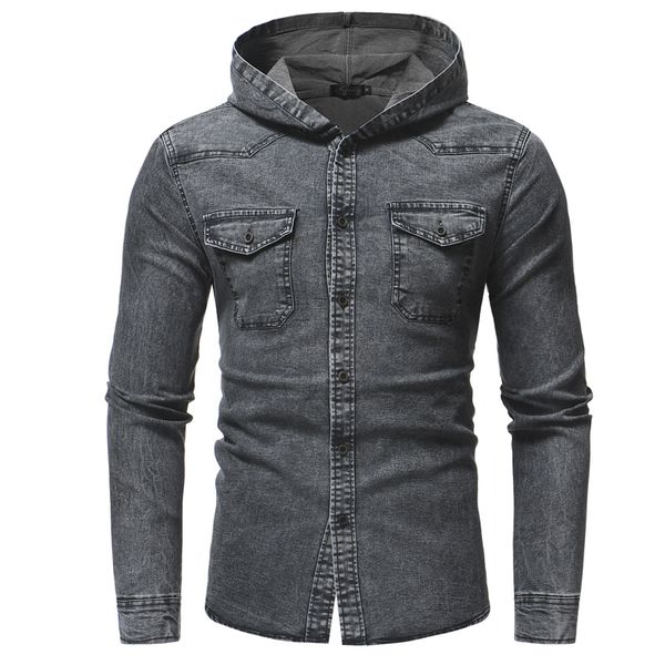 

Men'S Shirts Men'S Jeans Shirt Hooded Pocekt Grey Social Shirt Single Breasted Blusa De Frio Masculina satin NZ672