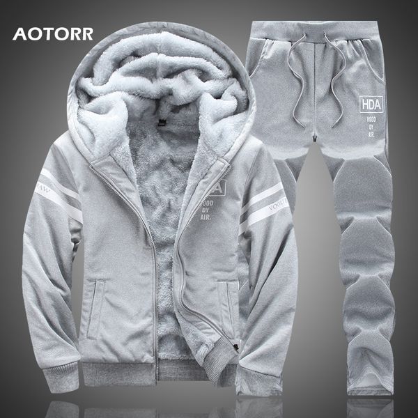 

tracksuits casual set men hooded sweatshirt thick fleece hoodie jacket+pants winter super warm sportswear suit letter print 2020, Gray