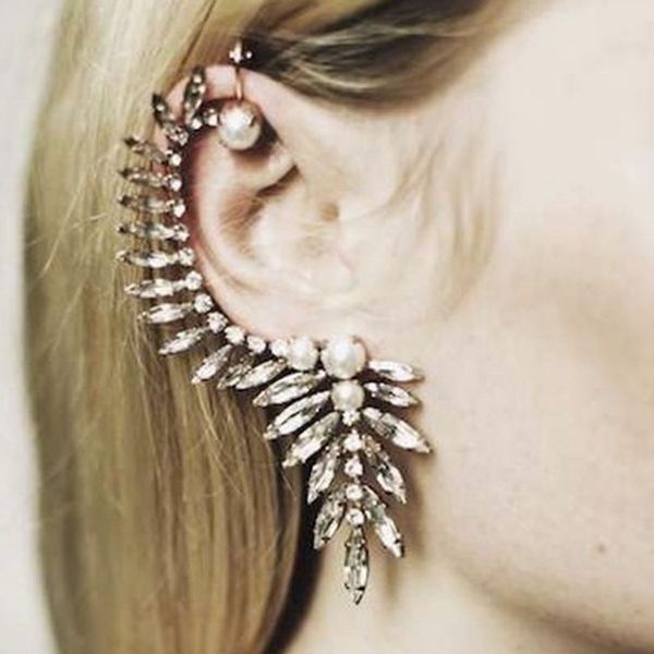 

jiaoyu punk rhinestone ear cuff earings for women personality exaggerated imitation pearls leaves clip on earrings, Silver