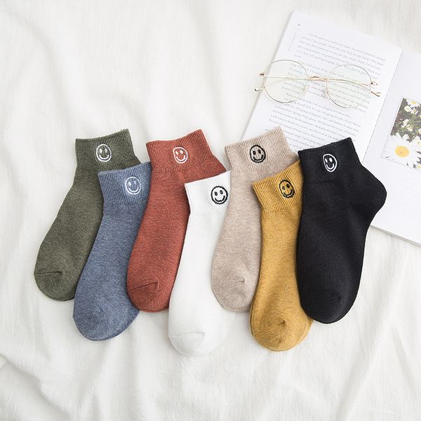 

ins new autumn and winter womens cotton embroidered smiling face solid color womens mid-calf socks brand direct sale, Black;white