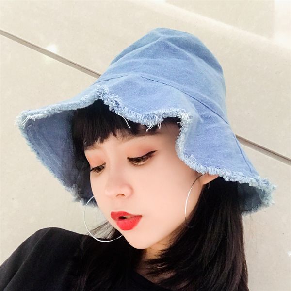 

korea solid color cowboy cloth will eaves fisherman hat fashion all-match basin cap sweet lovely korean foldable sun hat, Blue;gray