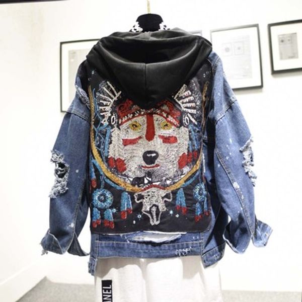 

2019 fashion spring women wolf pattern sequins denim coat jeans jacket holes hooded jacket streetwear hood removable female, Black;brown