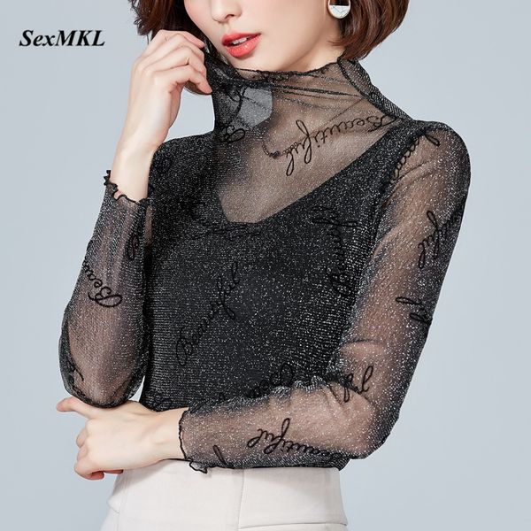 

plus size mesh blouse women 2020 elegant long sleeve summer ladies and blouses clothes transparent black blouse, White