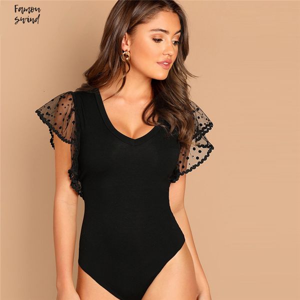 

going out bodysuits autumn lady black dot сетки флаттер рукава волан рукавом рябить bodysuit современная plain elegant, Black;white