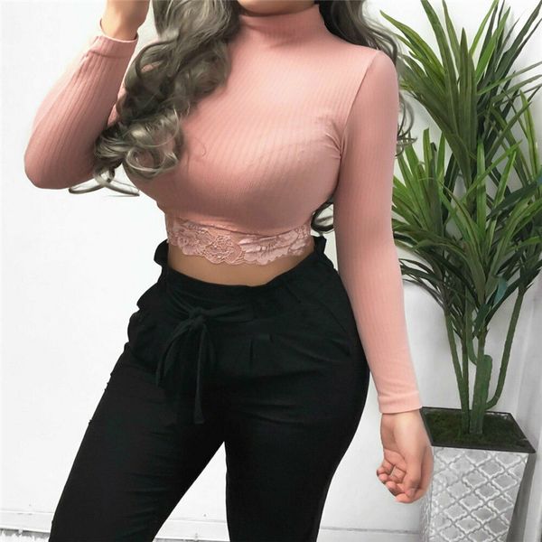 

женщины водолазку lace t shirt с длинным рукавом бинты stretch crop top дамы высокий воротник тонкий tee рубашка femme элегантный basic тенн, White