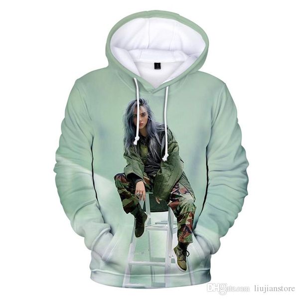 

2020 billie eilish 3d толстовки модельер digital printed hooded tops casual свободный пуловер мужская женская одежда, Black