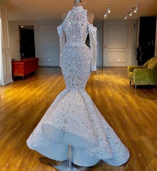 

2020 elegant long train mermaid african prom dresseshigh-neck beads black girl party gowns plus size long evening dresses, Black;red