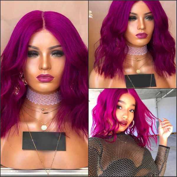 

new deep part brazilian hair purple short wavy bob wigs high temperature fiber rose red synthetic lace front wig for white women, Black