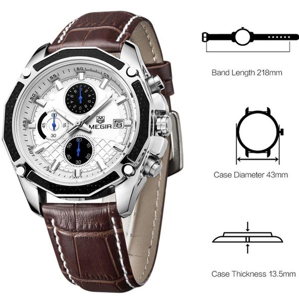 

official quartz men watches fashion genuine leather chronograph watch clock for gentle men male gift watches, Slivery;brown