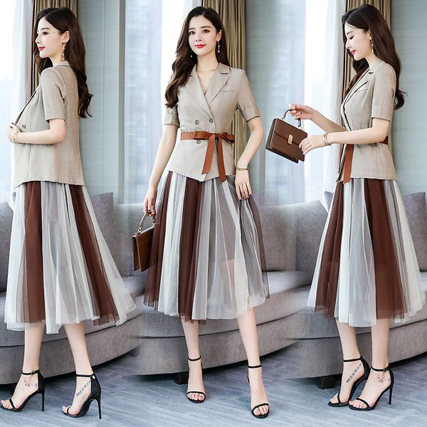 

yasuguoji new 2019 summer short-sleeve double breasted blazer with mesh pleated skirt and suit for women two piece skirt suits, White;black