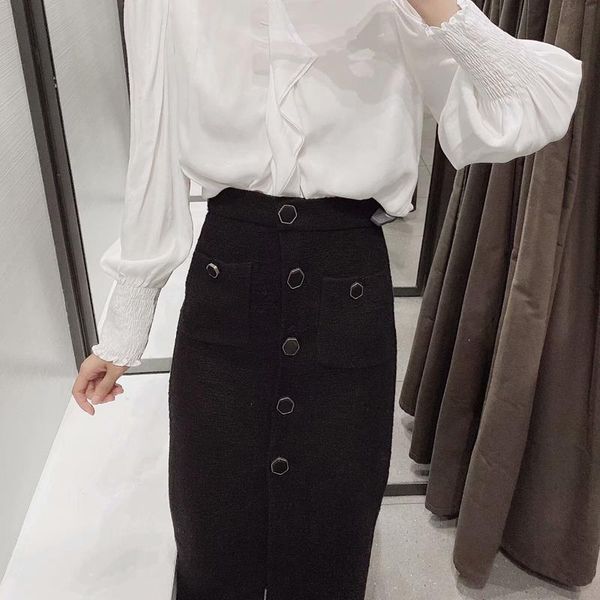 

women stylish tweed midi skirts split high waist buttons decorate female retro casual skirts autumn and winter skirts, Black