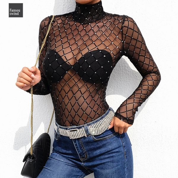 

плед bodysuits сетки женщины 2019 sexy прозрачный тонкий плед партия комбинезон короткие see through длинный рукав, трико, Black;white