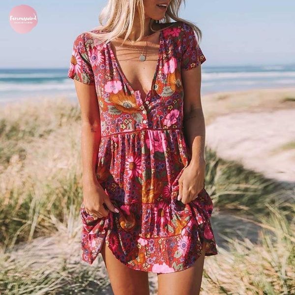 

summer dress daisy foral red print v neck front sleeve rayon mini women dress bohemian chic vestidos new, Black;gray