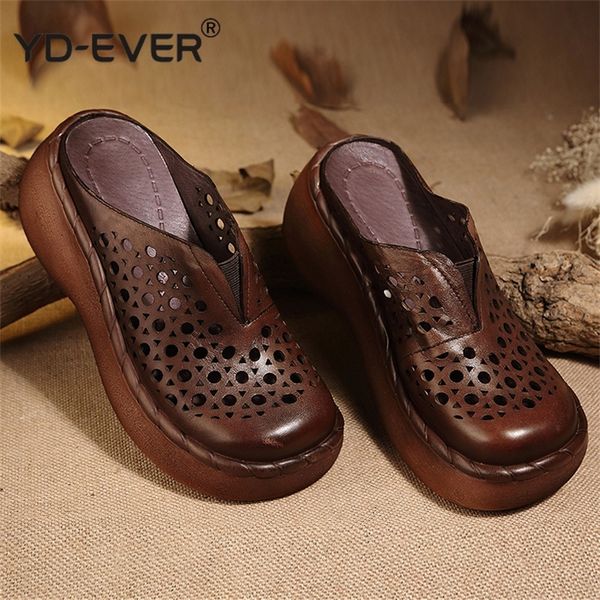 

2020 handmade genuine leather women platform slides wedge sandals cut out cover toes women casual summer shoes, Black