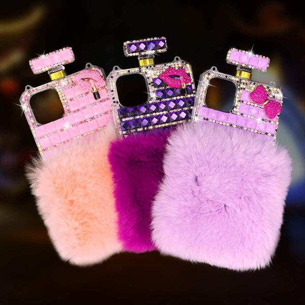 Custodie pelose per ragazze con bottiglia di profumo di diamanti 3D per iPhone 14 13 12 11 Pro Max XR 7 8 Samsung S21 S22 Design con strass di cristallo Bling con custodia protettiva per cordino