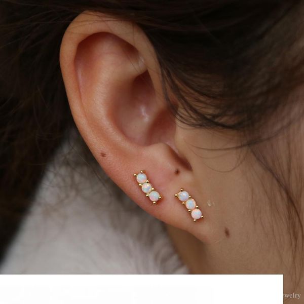 

minimal bar stud earring for girl 925 sterling silver triple white fire opal geostone minimal delicate girl lovely jewelry, Golden;silver