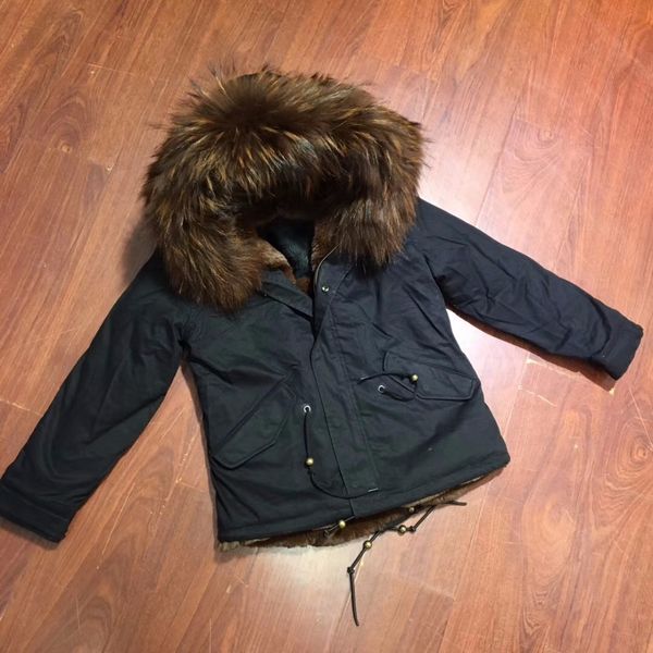 

2017 black mini parka coffee fur lined family style wear, real raccoon fur hoodies warm jacket