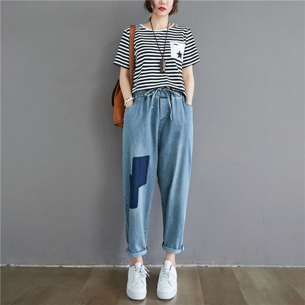 

trousers women summer solid color patchwork elastic waist female jeans ankle-length slimming women harem pants, Blue