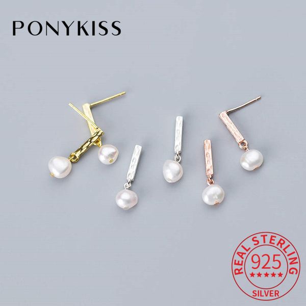 

ponykiss real 925 sterling silver synthetic profiled pearl dangle drop earring women commuting fashion temperament accessories, Golden;silver