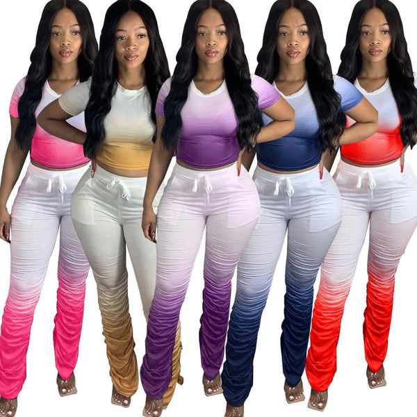 

women 2 piece set flared trousers outfits designer gradient color long pants fold split fork suit, Gray