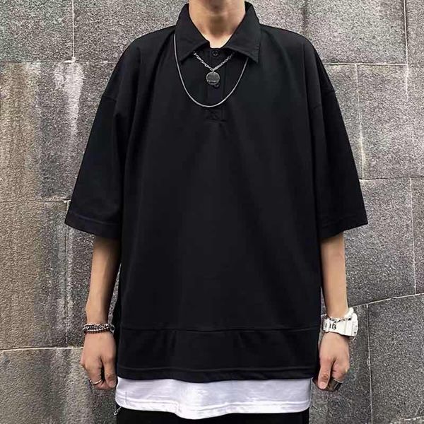 

summer fake two-piece short-sleeved t shirt men's fashion solid color lapel t-shirt men streetwear loose hip-hop tshirt mens, White;black