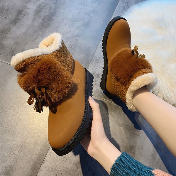 

bomlight fashion lace tassel woman ankle boots bow tie cute snow boots women thick turned-over fur short shoes female warm plush, Black