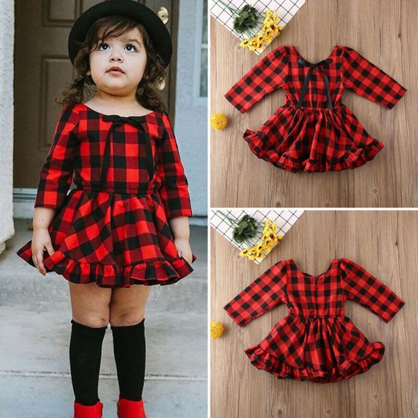 

christmas toddler kids baby girl clothes dress xmas festival plaid print party swing dress long sleeve children kids sundress, Red;yellow