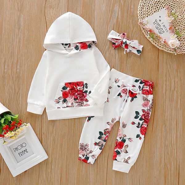 

baby girl clothes set 2019 toddler newborn infant autumn white long sleeve hooded flower pants outfits clothing 2pcs 0-18m