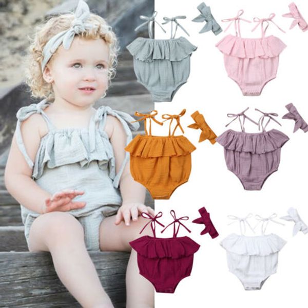 

0-24m newborn cotton romper infant baby girls solid color romper&headband jumpsuit playsuit summer toddler outfits, Blue