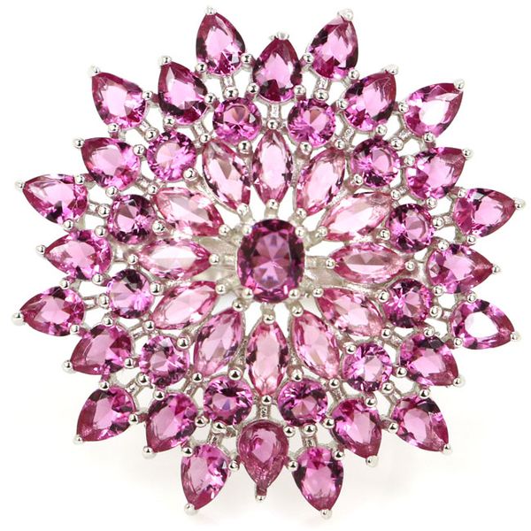 

31x31mm 7.1g deluxe created pink tourmaline wedding ladies real 925 solid sterling silver rings, Golden;silver