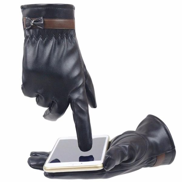 

fashion women's solid color leather gloves winter warm driving soft lined gloves mittens bow touch screen smart outdoor glove