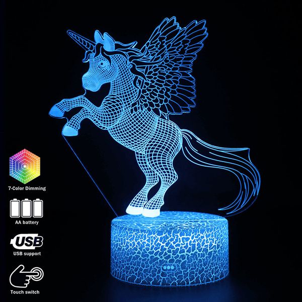 

3d illusion night lights unicorn model touching led lamps kids bedroom decor rainbow horse lights with remote control