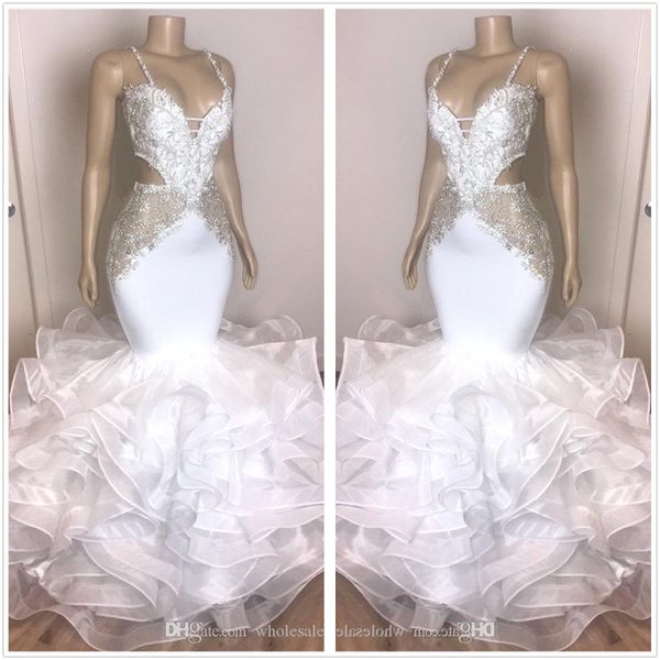 

spaghetti straps organza mermaid prom dresses 2020 lace applique tiered ruffles beaded formal evening party gowns black girls bc3422