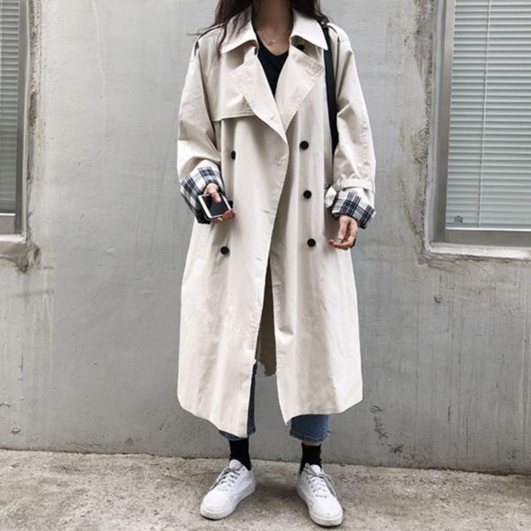 

ewq] 2020 spring new long sleeve plaid stitching double-breasted trench coat outwear korea loose casual women windbreaker qz719, Tan;black