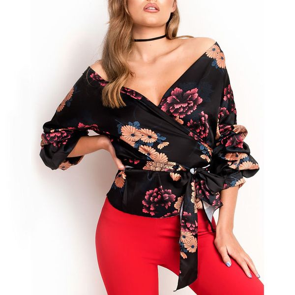 

womens floral print cocktail party v neck half sleeves tie front blouse, White