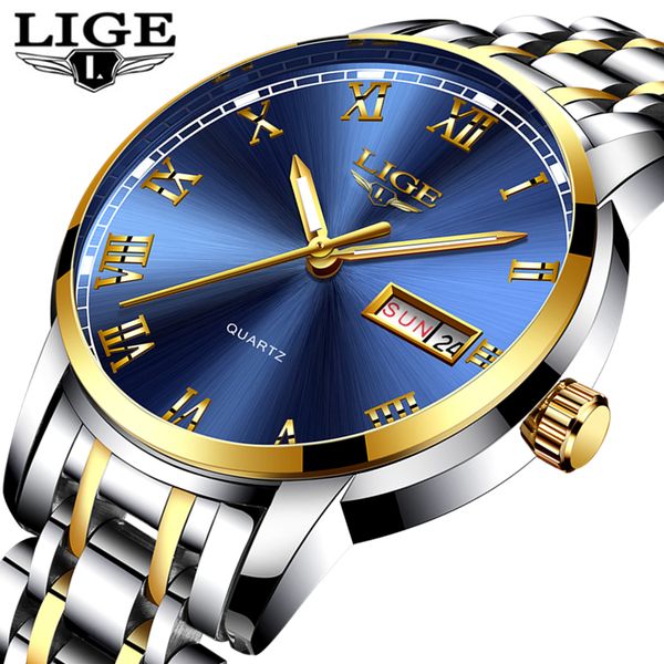

lige watch men fashion sport quartz full steel business men watches waterproof watch relogio masculino, Slivery;brown