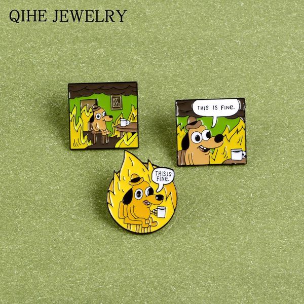 

this is fine" dog meme pins funny animal comics enamel pins cartoon brooches for women men lapel bag badges jewelry prlzw