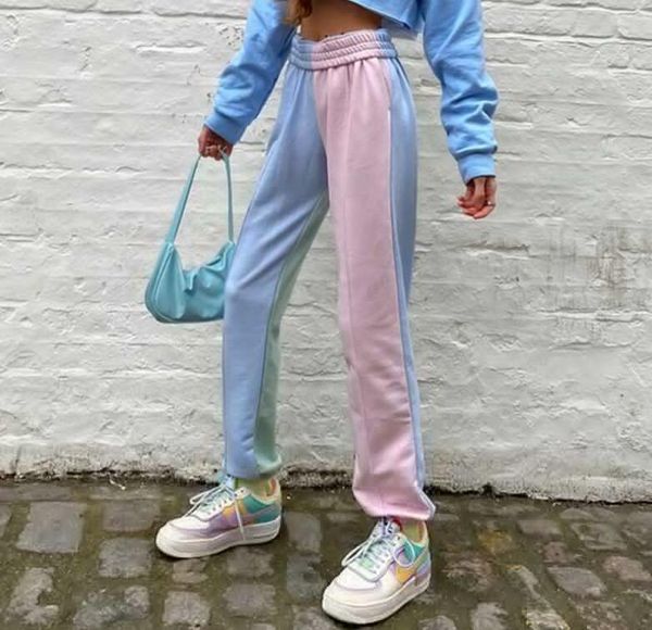 

2020 spring and summer women's new temperament color stitching trousers high waist casual pants, Black;white