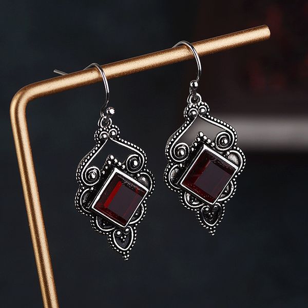 

retro court style inlaid red square crystal zircon queen earrings silver color plated dangle drop earrings for women jewelry