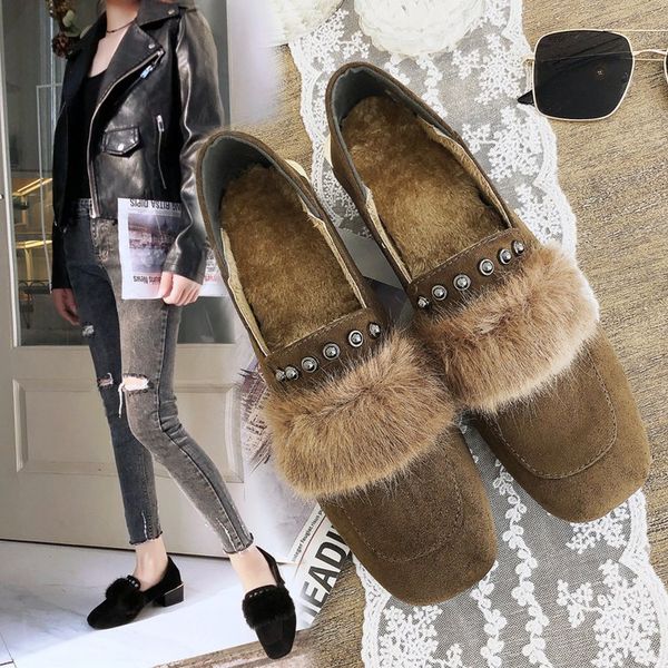 

shoes woman 2019 autumn square toe women female footwear women's moccasins loafers fur all-match casual sneaker new fall dress, Black