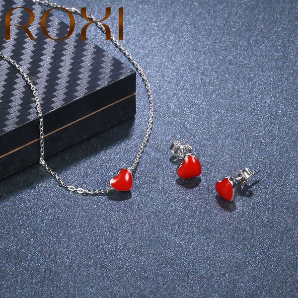 

roxi 925 sterling silver jewelry set cute tiny red glaze heart pendant necklace women collier stud earrings girls christmas gift