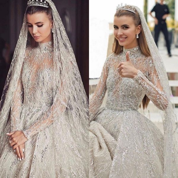 

a line beach wedding dresses jewel neck long sleeve beads tulle plus size wedding dress sweep train robes de mariÃ©e, White