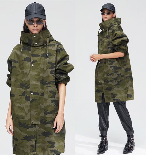 

chic women's loose hooded trench coat 2019 autumn casual overcoat a653, Tan;black