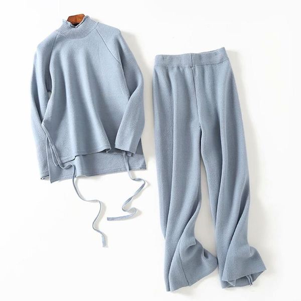 

women fashion suits turtleneck knitting cotton women set sweater and pant two piece set pullover and pant tracksuit, Gray