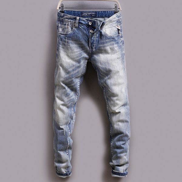 

italian style fashion men jeans light blue white washed slim fit classical button jeans elastic vintage designer men pants