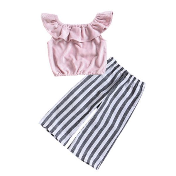 

Summer Fashion Kids Baby Girls Clothes Sets Off Shoulder Ruffles Tops Stripes Wide Leg Pants Outfits Children Casual Clothes Hot