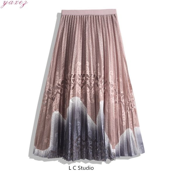 

2020 lace hollow pleated skirt female long skirt women high waist women's summer mesh woman clothes plus size, Black