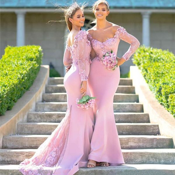 

pink lace mermaid bridesmaid dresses off the shoulder 3d appliqued country maid of honor gowns sweep train long sleeves wedding guest dress, White;pink